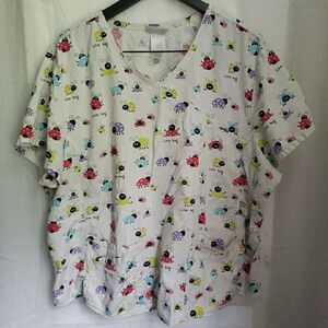 Scrubstar Scrub Top Ladybug Scrubs Love Bug Medical Vet Dental Women's XL *FLAW